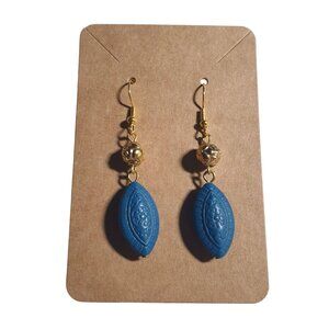 Gold Tone Hook Blue Earrings Textured Oval Beads Stylish Dangle Boho Jewelry